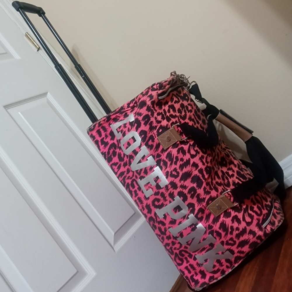 Vintage PINK Victoria's Secret Leopard Wheelie Rolling Luggage Suitcase
